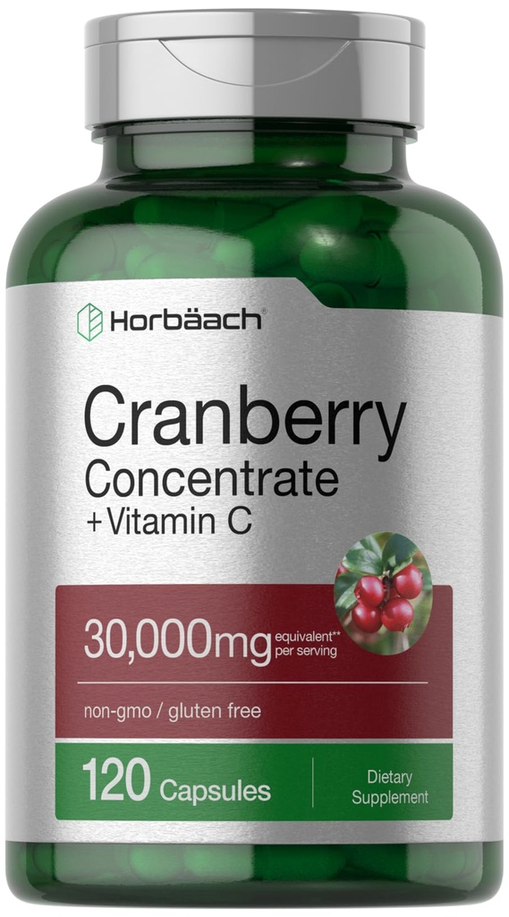 Horbäach Cranberry Kondüksiyon Pills + Vitamin C | 30.000 mg | 120 Capsules | Triple Strength Ultimate Potency Formula | Non-GMO ve Gluten Free Supplement Supplement