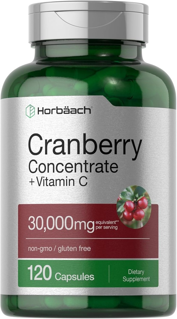 Horbäach Cranberry Kondüksiyon Pills + Vitamin C | 30.000 mg | 120 Capsules | Triple Strength Ultimate Potency Formula | Non-GMO ve Gluten Free Supplement Supplement