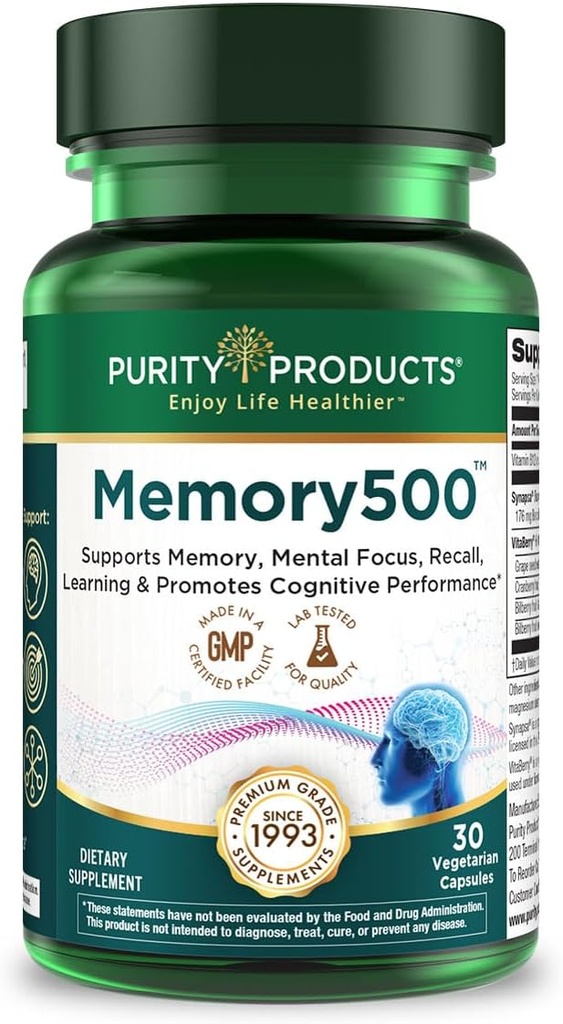 Saf Ürünler Memory500 Bacopa monniera/Brahmi Elite Nootropic Kompleksi - Destekler Peak Bilişsel Performans*, Artan Öğrenme Hız * ve Sağlıklı Bellek & Recall* - 30 Vegetarian Caps