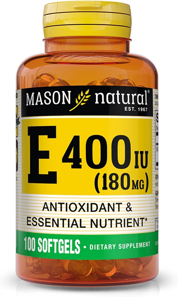 MASON NATURAL Vitamin E 180 mg (400 IU) - Antioksi ve Temel Nutrient, Sağlıklı Immune Sistemi, Cilt ve Gözler, Tüm Vücut Tamam, 100 Softgels