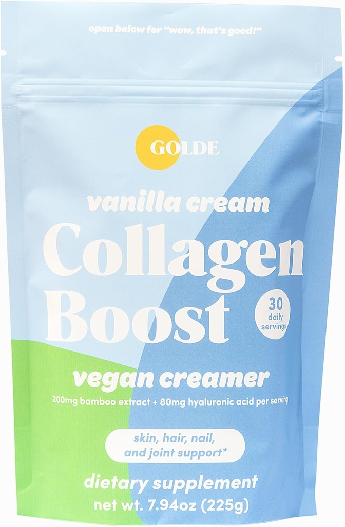 GOLDE - Collagen Boost Vegan Creamer - Vanilla Cream - Plantive Collagen Supplement w/Hyaluronic Acid, Biotin, & Wine Extract - Supports Hair, Skin, & Nail Health - 30 Servisler