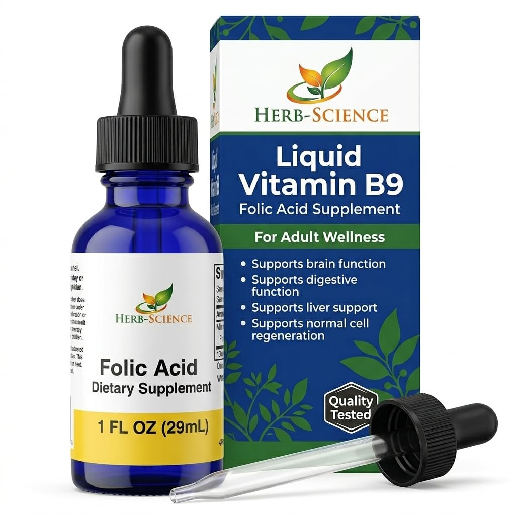 Sıvı B9 Folic Asit Supplements - VIT B Drops for Brain & Digestive Function, Liver Support - Gluten-Free, Non-GMO, Vegan - yetişkinler için Beslenme Supplement - 1 fl. oz.