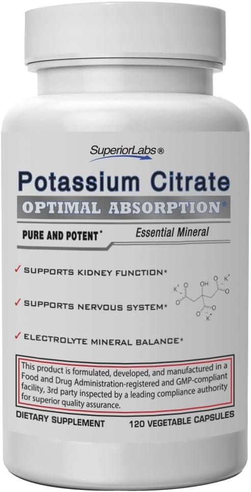 Superior Labs Κάλιο Κιτρικό 100 mg, Καθαρό Μη-ΓΤΟ Ηλεκτρολυτικό Ορυκτό, Χωρίς Πρόσθετα, Νεφρική Λίθος & pH Υποστήριξη, Μυϊκό Κραμπό Ανακούφιση, Καρδιακή & Νευρική Λειτουργία, Αλκαλοποιητική Ισορροπία, 120 Veg Caps