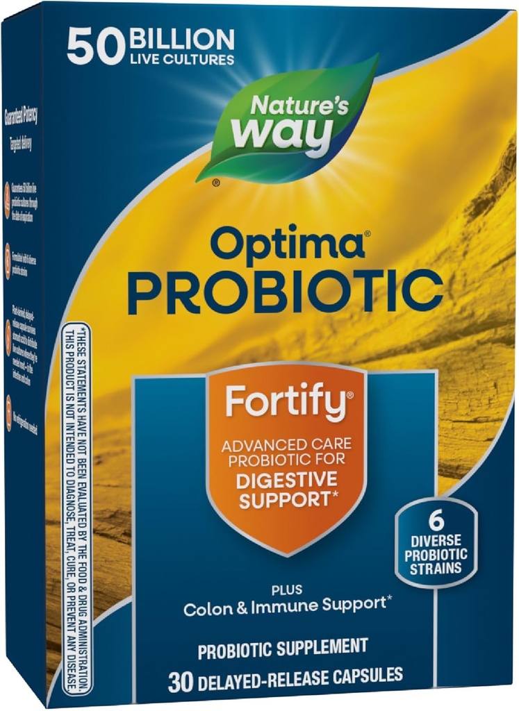 Nature's Way Fortify Optima Probiyotik for Men and Women, 50 milyar Live Cultures, 6 Strains, Supports Digestive and Immune Health*, 30 Capsules (Pazarlama May Vary)