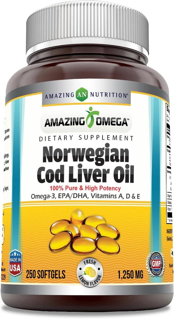 Amazing Omega Norveç Cod Liver Oil 1250 Mg Softgels Supplement | Omega-3, EPA, DHA, A, Vitamin D & Vitamin E (Orange | 250)