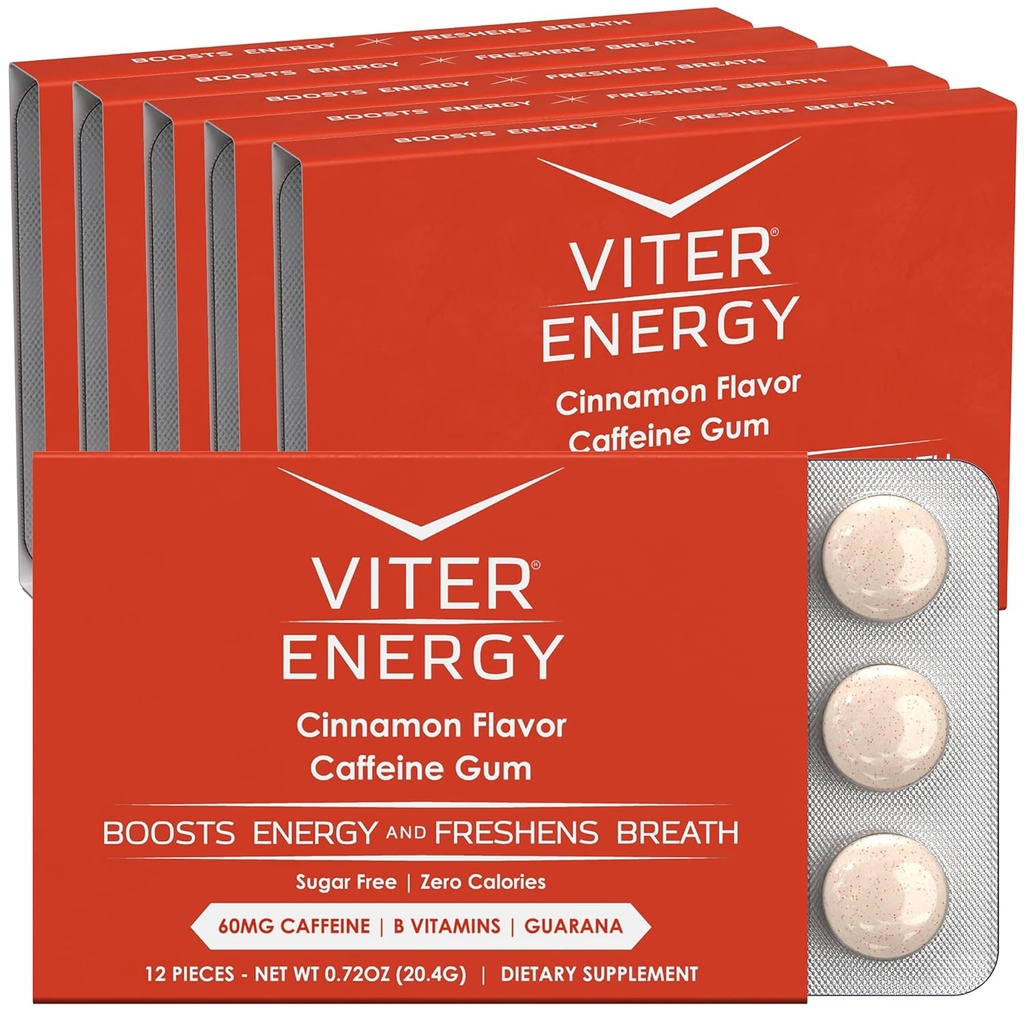 Viter Energy Caffeinated Gum 60mg Caffeine, B Vitamins, Guarana, Sugar Free. (Cinnamon, 12pcs, 6 Pack)