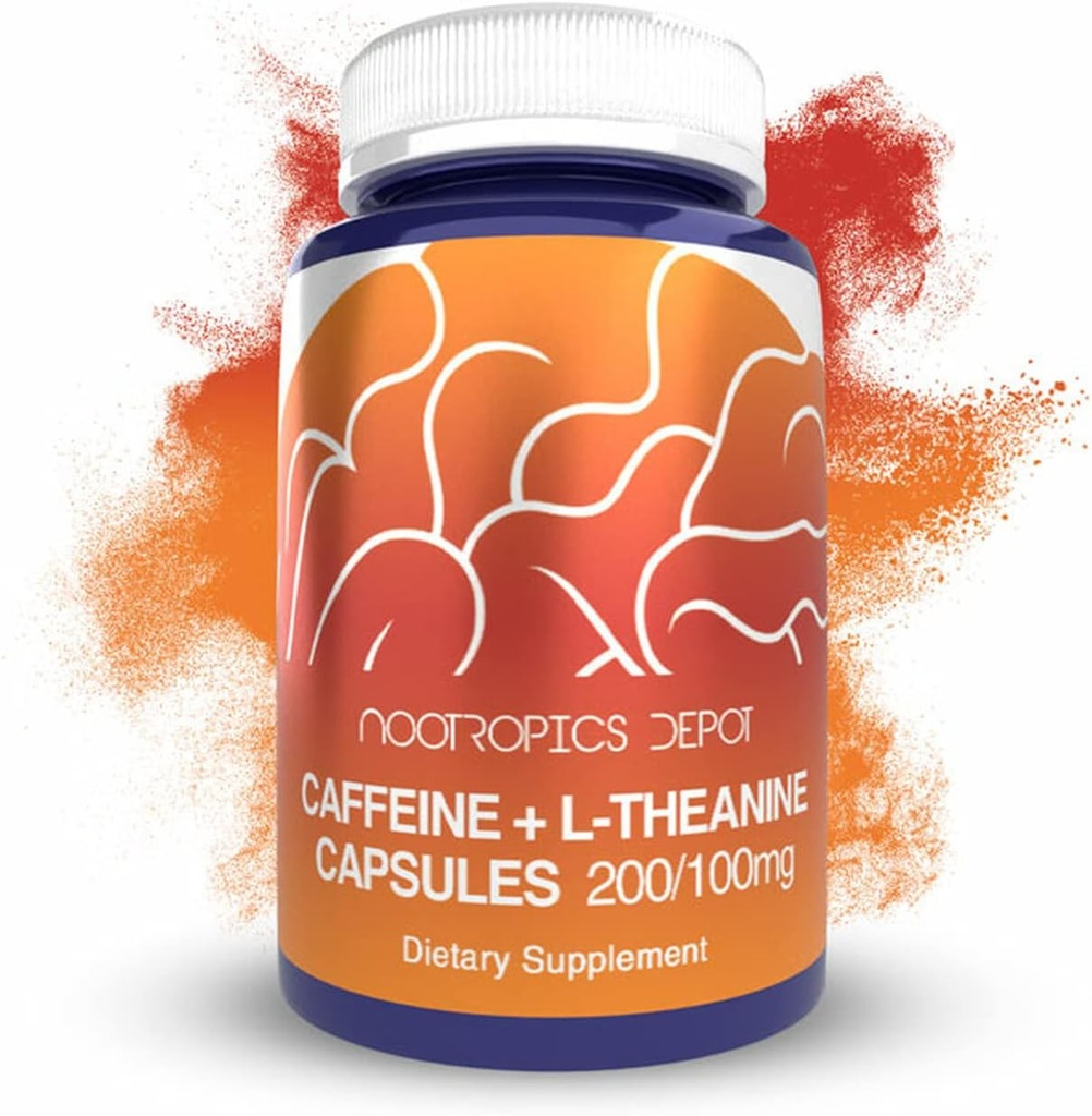 Nootropics Depot Caffeine ve L-Theanine Capsules | 60 Kont | Caffeine ve 100 mg of L-Theanine | Natural Supplement | Energy Alert | mental Focus + Alertness | Kahve Alternatif