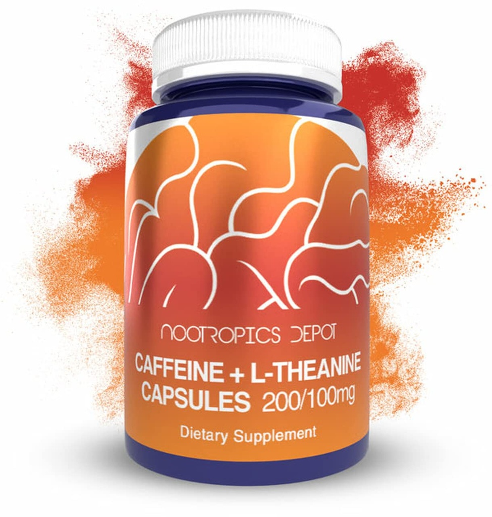 Nootropics Depot Caffeine ve L-Theanine Capsules | 60 Kont | Caffeine ve 100 mg of L-Theanine | Natural Supplement | Energy Alert | mental Focus + Alertness | Kahve Alternatif