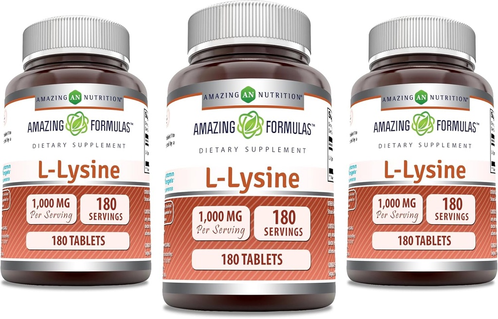 Amazing Formulas L-Lysine 1000 mg Amino Asit Tabletleri Tamam | Non-GMO | Gluten Free | Made in USA (180 | 3 Pack)