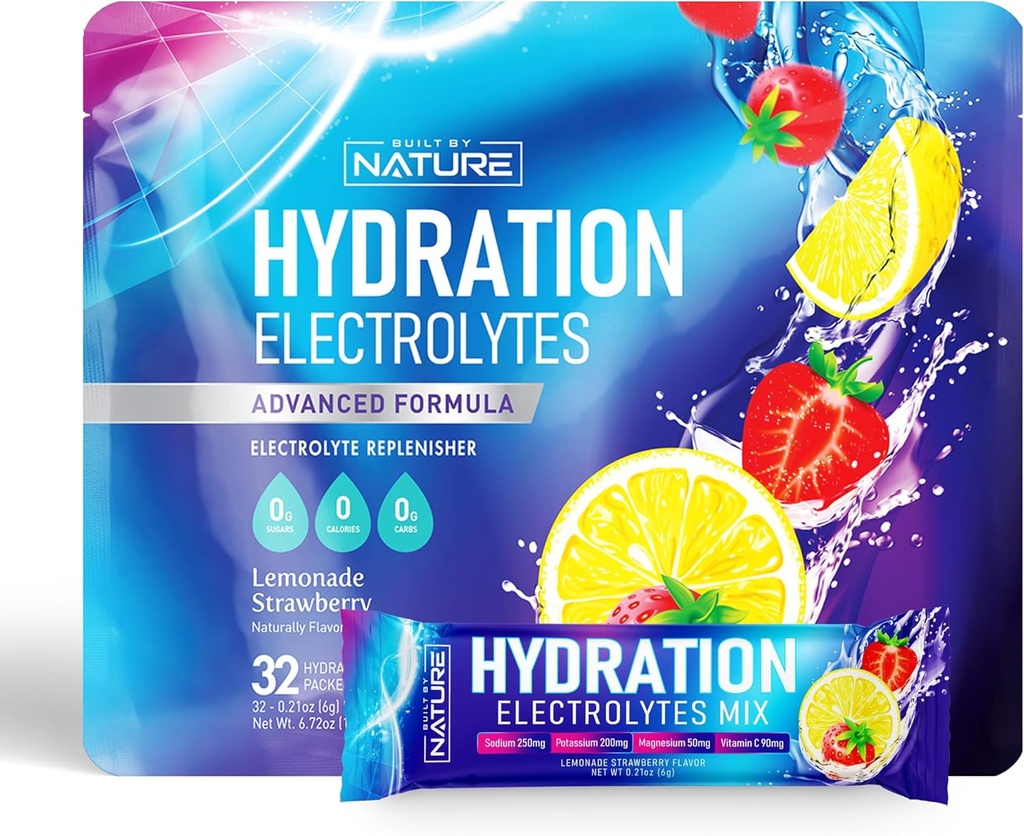 Elektrolytes Toz Hydration Packets – Recovery Drink Mix with sodyum, Pyum, Magnezyum, Kalsiyum, C & çinko – Sugar Free, Keto, GMO & Vegan – Strawberry Lemonade – 32 Sticks