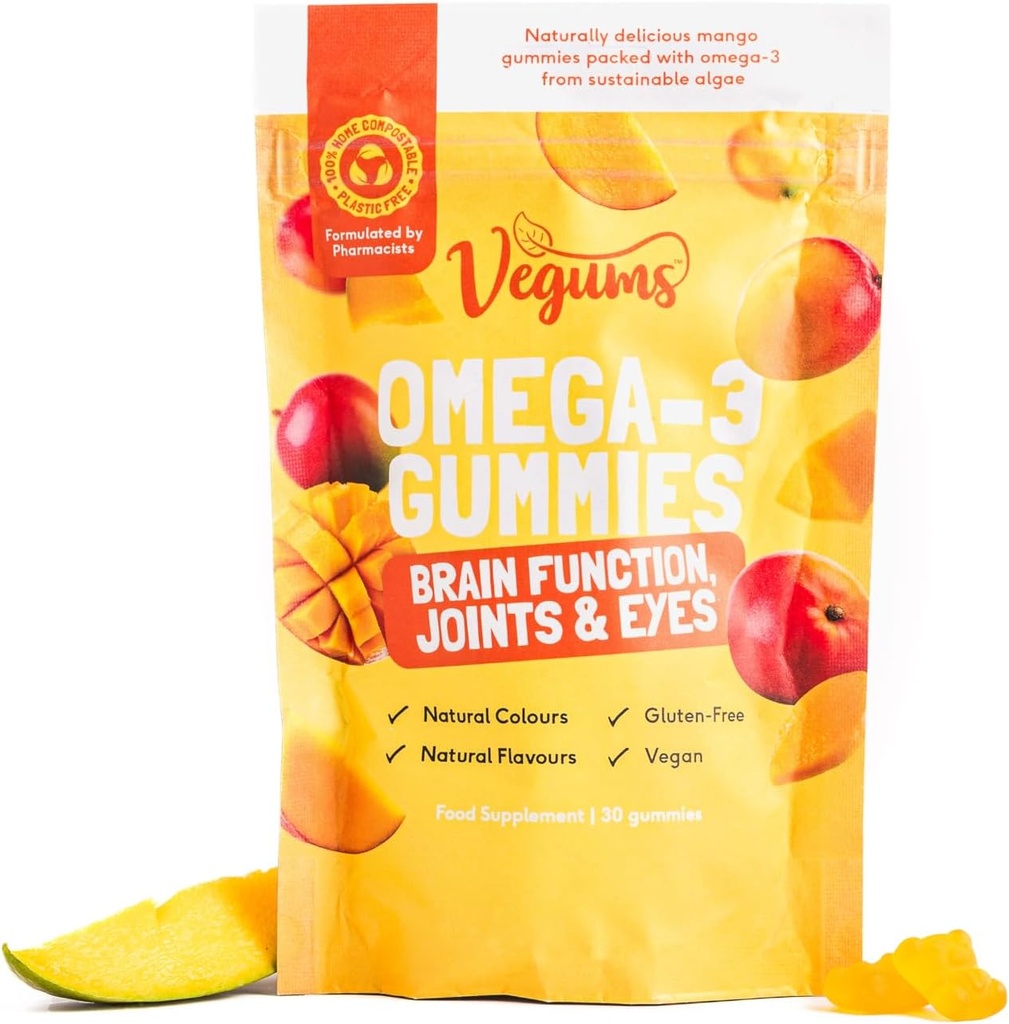 Vegums Fish-Free Omega-3 Gummies - 60 Orange-Flavored Algae-Based Omega-3 (DHA) & Vitamin E Supplement for Kids & Yetişkinler - Vegan & Vegetarian Friendly