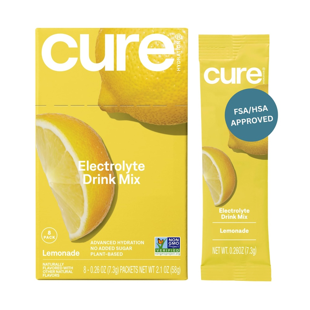 Cure Hydration | Plant-Based Electrolyte Drink Mix | Nodrew Sugar | Dehidrasyon Yardımı Banyo Su ile Yapılan | Non-GMO | Vegan | 8 Packets Kutu - Lemonade
