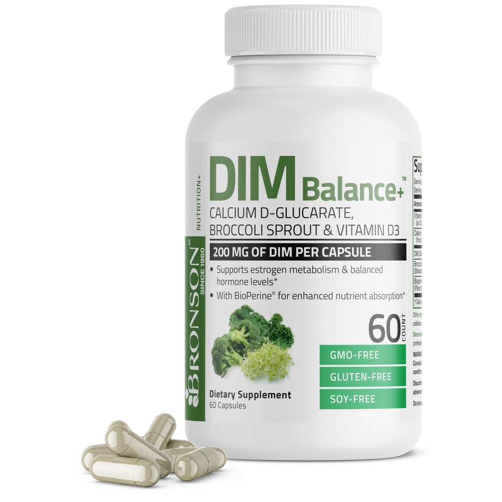 Bronson DIM Balance+dis D-Glucarate, Broccoli Sprouts and Vitamin D3 200 MG of DIM per Capsule Supports Estrogen Metabolism and Balanced Hormon Seviyeleri Non-GMO, 60 Vegetarian Capsules