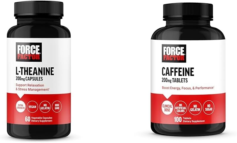 Kuvvet Faktörü L-Theanine 200 mg ve Caffeine 200 mg Supplement Sche for Stress Relief, Energy, Focus, and Performance, 60 Capsules and 100 Tablets