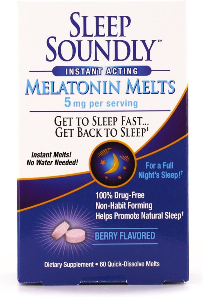 Sleep Soundly Melatonin Melts 5 mg Berry Flavor, Night time Sleep Aid for Adults, Fast Acting Sleep Formula, 60 Count, White