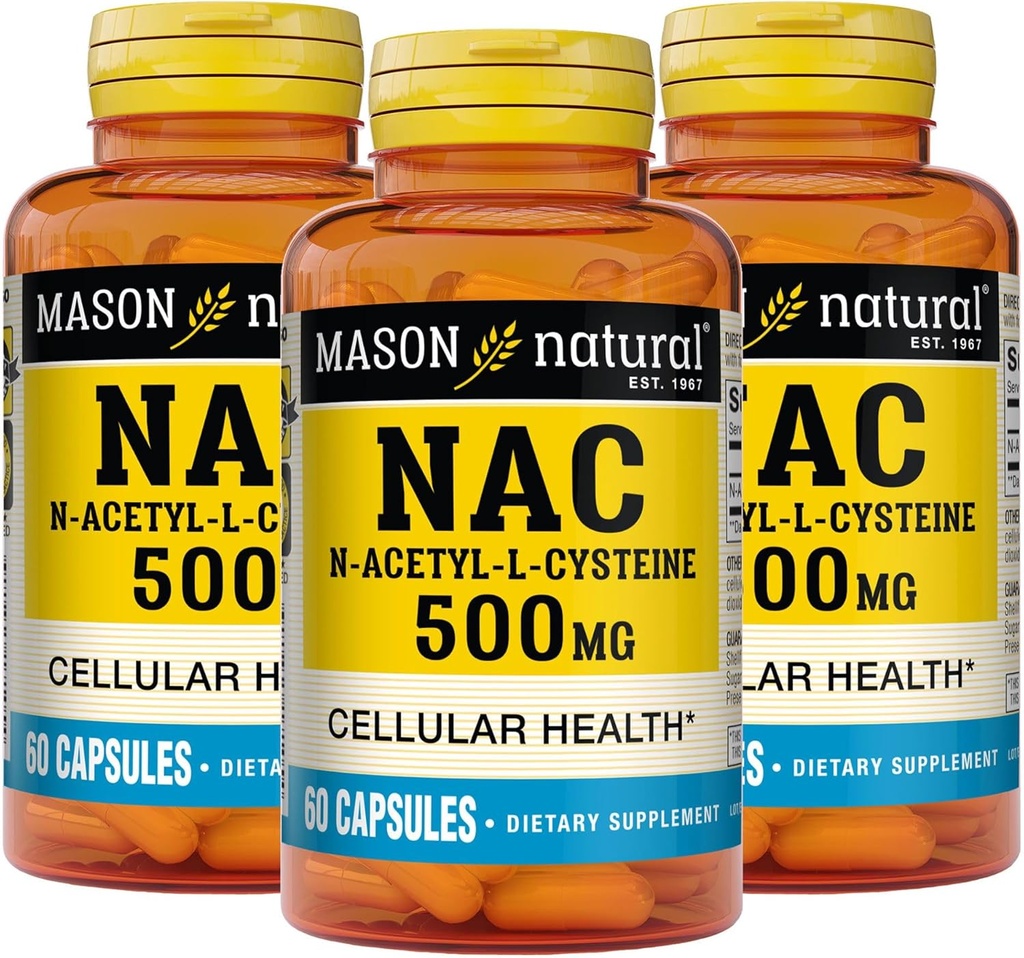 Mason Natura NAC N,Acetyl,L,Cysteine 500 mg, 6 Ay Supply, Supports Normal Hücre Sağlığı, Genel Sağlık için Immune System Alert, 3 Pack