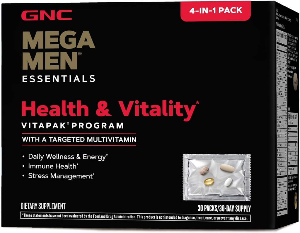 GNC Mega Men Health & Vitality Vitapak, 30 Daily Packs, 4-in-1 Πλήρης Καθημερινή Πολυβιταμίνη και Διατροφή Πρόγραμμα για τους άνδρες