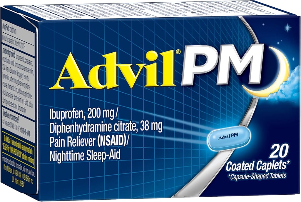 Advil PM Πόνος Reliever και νυχτερινή βοήθεια ύπνου, ιατρική του πόνου με Ibuprofen για την ανακούφιση του πόνου και διφαινυδραμίνη Κιτρικό για μια βοήθεια ύπνου - 20 Καλύμματα