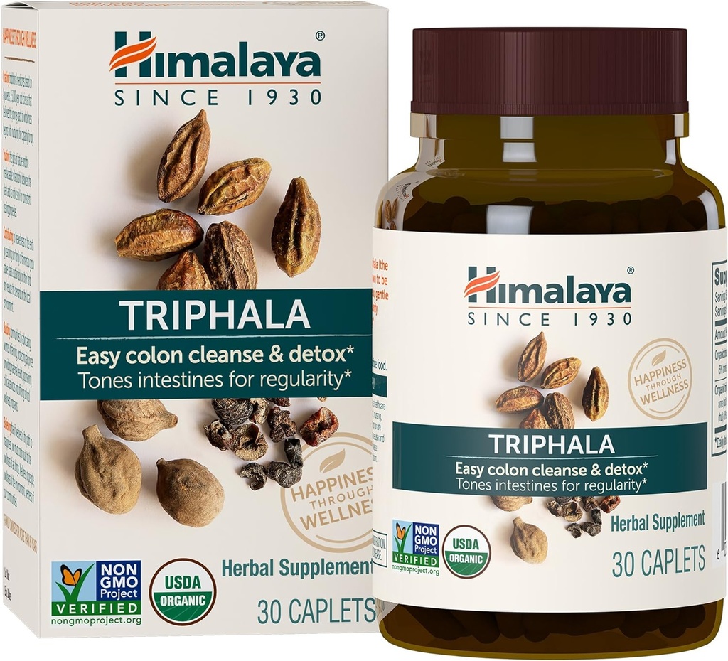 Himalaya Organic Triphala - Digestive Health Supplement for Colon Cleanse & Occasional Bloating and Constipation Relief - USDA Organic, Vegan, Non-GMO, Gluten Free, 688 mg, 30 Caplets