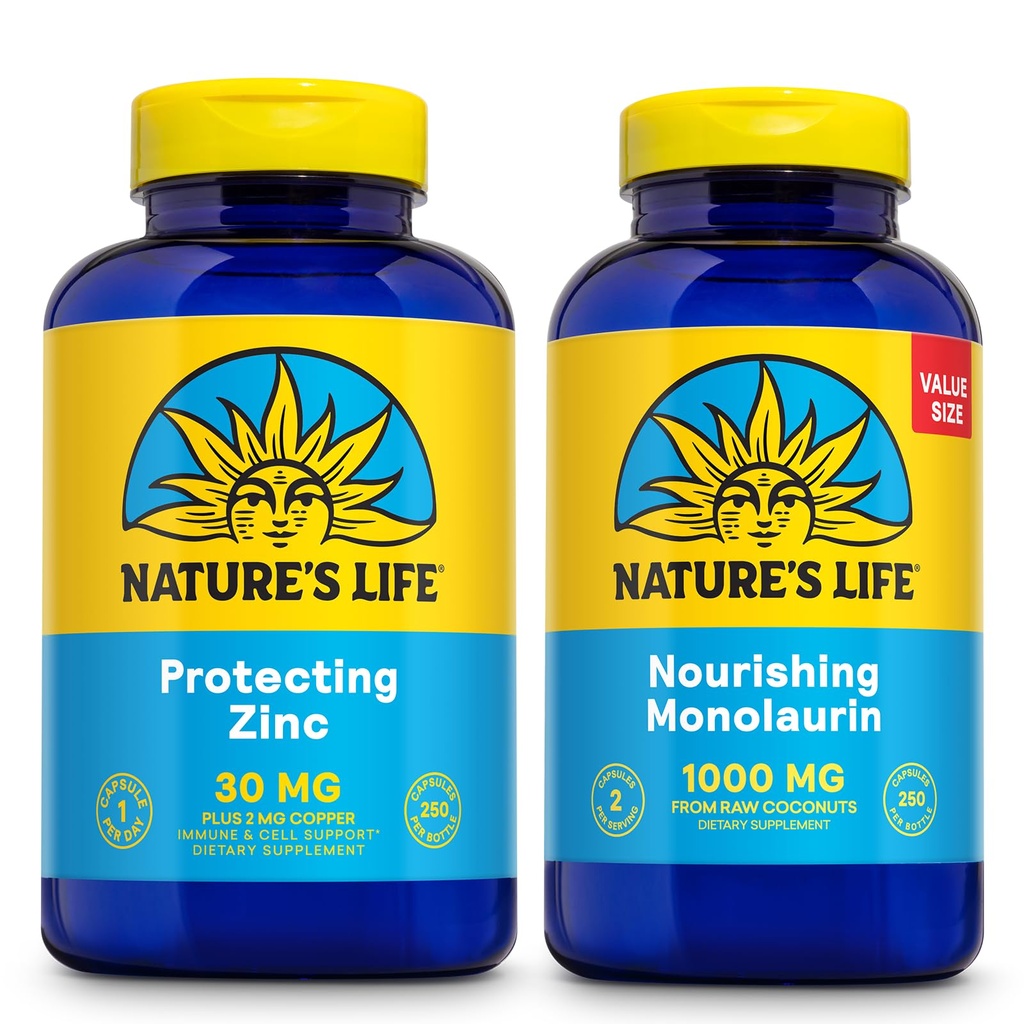 Nature's Life Nourishing Monolaurin 1000 mg 250ct ve çinko Picolinate 30 mg 250ct - Gut Health and Immune Support Supplements - Monolaurin from Raw Coconuts, Chelated çinko - 60-Day Garanti
