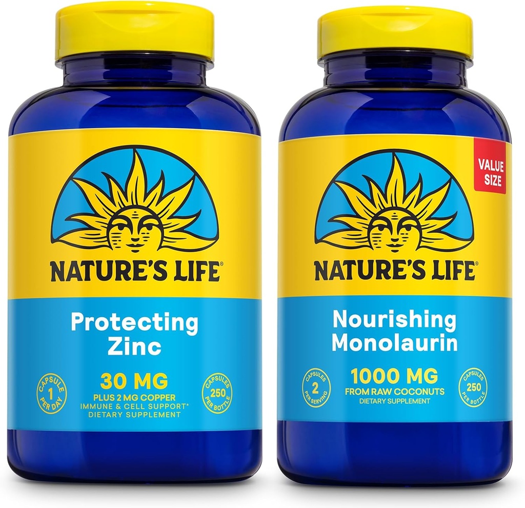 Nature's Life Nourishing Monolaurin 1000mg 250ct and Protecting Zinc Picolinate 30mg 250ct - Συμπληρώματα Υγείας και Ανοσοποιητικής Υποστήριξης - Μονολαουρίνη από Ακατέργαστες Καρύδες, Χηλικός Ψευδάργυρος - Εγγύηση 60 ημερών