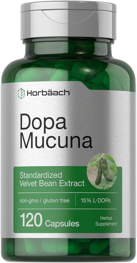 Horbäach Dopa Mucuna Supplement | 120 Capsules | Velvet Bean Herbal Extract |% 15 L-Dopa | Non-GMO & Gluten Free Free