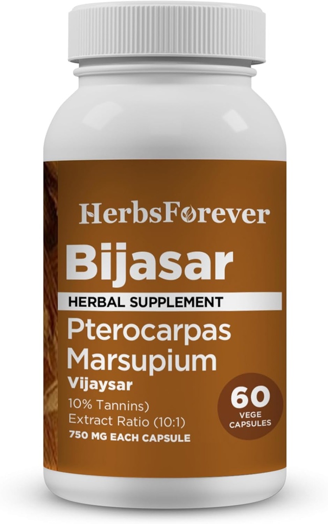 HerbsForever Bijasar (Indian Kino Tree, Malabar Kino)-Extra Strength (10:1) Türleme,Equiv.to 4800 mg Bark Toz -Liver Support & Detox Blood Sugar & Length|10% Tannins|60 Veg Capsules|800 mg