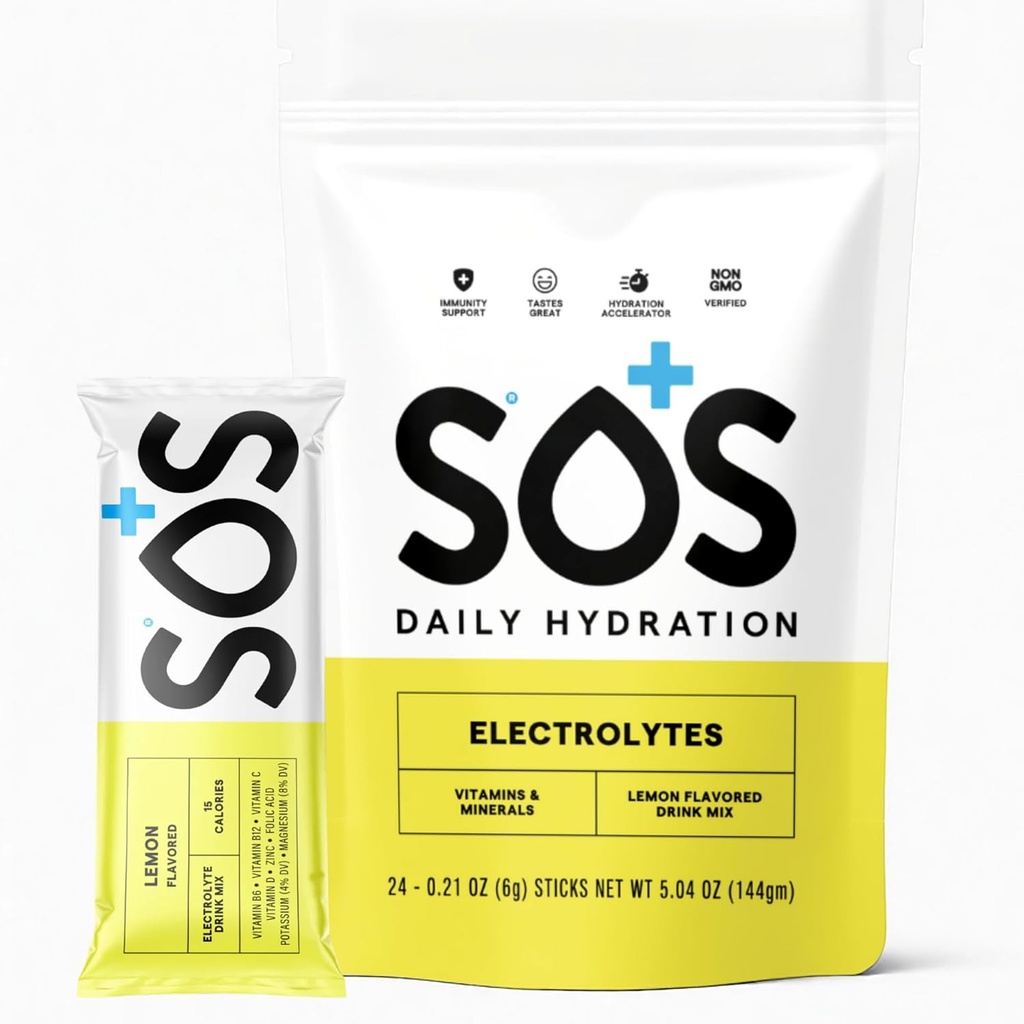 SOS Hydration Electrolyte Drink Mix – 24 Services, with Essential Vitamins – Low-Calorie, Low Sugar, Keto-Friendly Hydration Supplement - Lemon