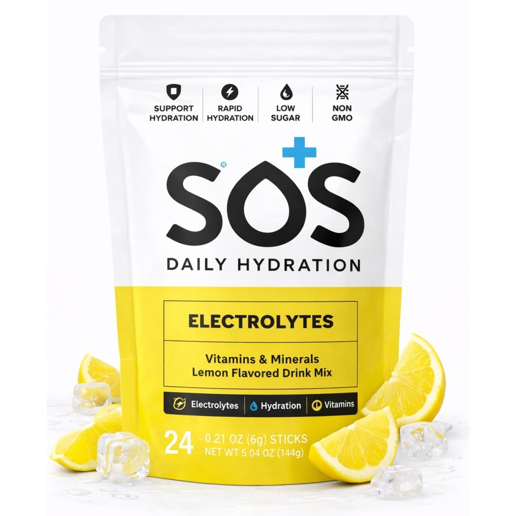 SOS Hydration Electrolyte Drink Mix – 24 Services, with Essential Vitamins – Low-Calorie, Low Sugar, Keto-Friendly Hydration Supplement - Lemon