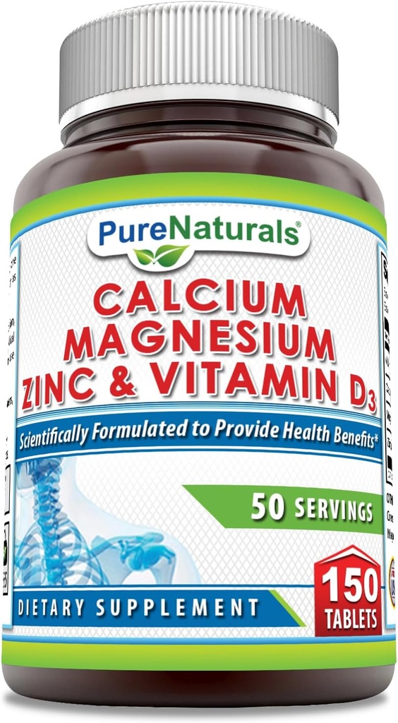 Pure Naturals Calcium Magnesium Zinc Vitamin D3 Supplement | Calcium 1000mg, Magnesium 400mg, Zinc 25mg, Vitamin D3 600 IU | Non-GMO | Gluten Free (150 Tablets)