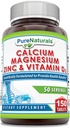 Pure Naturalsuba Magnezyum Vitamin D3 Supplement | Kalsiyum 1000 mg, 400 mg, çinko 25 mg, D3 600 IU | Non-GMO | Gluten Free (150 Tablet)