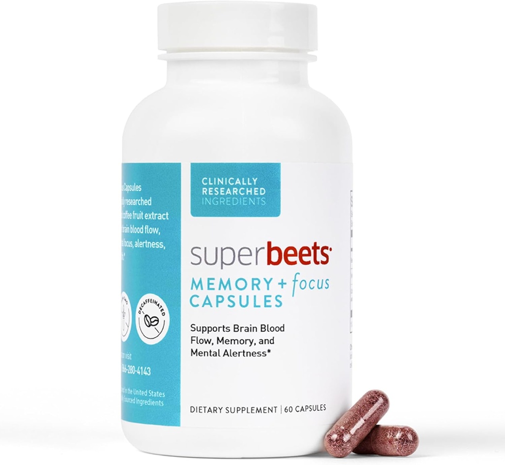 HumanN SuperBeets Memory & Focus Brain Supplement Κάψουλες – Ψυχική εγρήγορση – Κλινικά Σπουδές Nootropics, Resveratrol Plus Beet Root Powder, Sugar-Free, 60 Count