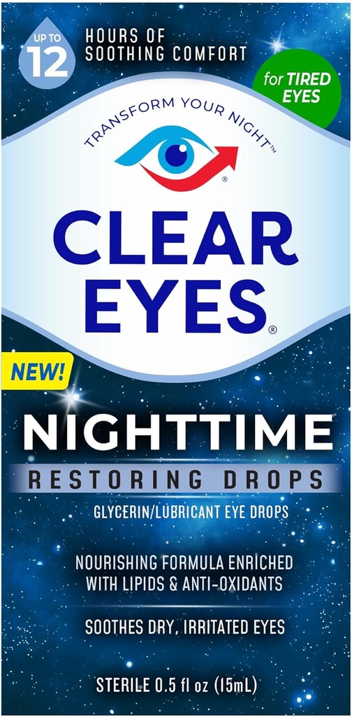 Clear Eyes Nighttime Restoring Eye Drops, Ασφαλής για Νυχτερινή Χρήση για 12 Ώρες Καταπραϋντικής Άνεσης, 0.5 Fl Oz