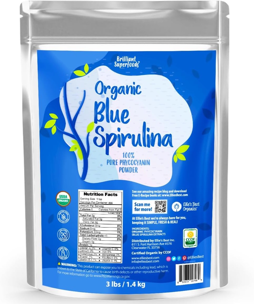 Ellie'nin En İyi Organik Blue Spirulina Toz Superfood Supplement - Odorless - 3LB Bulk - Vegan, GMO, Gluten-Free, Dairy-Free, Brilliant Blue Food Coloring - Pure Water Extracted