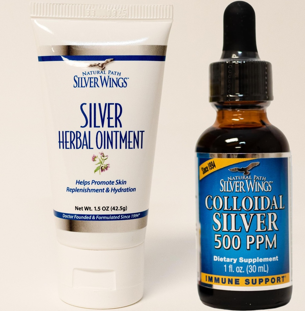 Natural Path Silver Wings Συμπληρώματα - Κολλοειδής Ασημί 500 ppm (1 oz / 30 ml) Ανοσοποιητική Υποστήριξη Plus Herbal Ointment 250 ppm (1,5 oz)