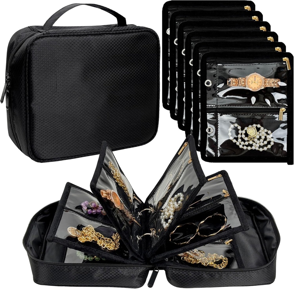 Seyahat için Summer Jewel Organizer Case,Jewelry Bag for Traveling, Jewel Binder with 24 Defs Clear Cooking Velvet Pouches for Storing Earrings, Ring, Dress, Watch (Black)