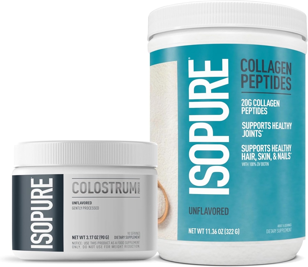 Isopure Bovine Colostrum Supplement Toz, Gally Processed, 90 Servisler + Isopure Collagen Peptides Toz,14 Hizmetler, Unflavored, C ile Biotin