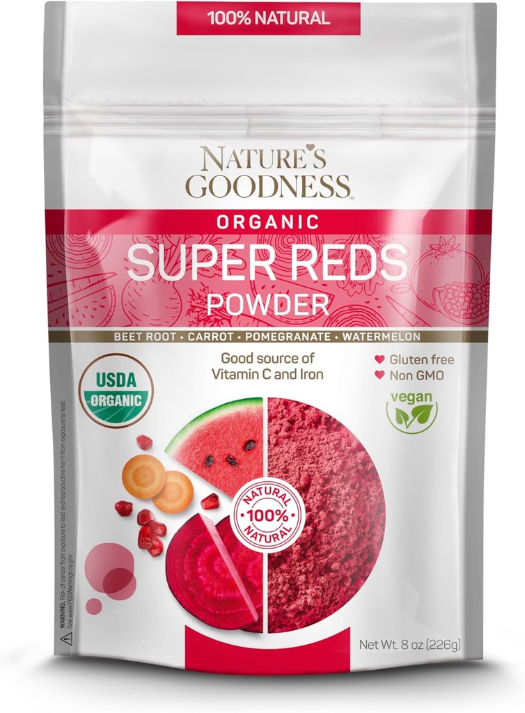 Nature's Goodness Super Reds Powder with Beet Root, Carrot, Ρόδι, και Καρπούζι - Αντιοξειδωτικό Πλούσιο Superfood για την ενέργεια, την υγεία της καρδιάς, και Detox – 16 Υπηρεσίες (8 oz)