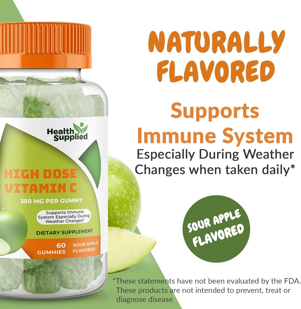 Sour Apple Flavored Vitamin C Gummies Mega Dose - 1050 mg C - Boosts Immune System and Supports Heart Health - Great Tasting and Easy to Swallow