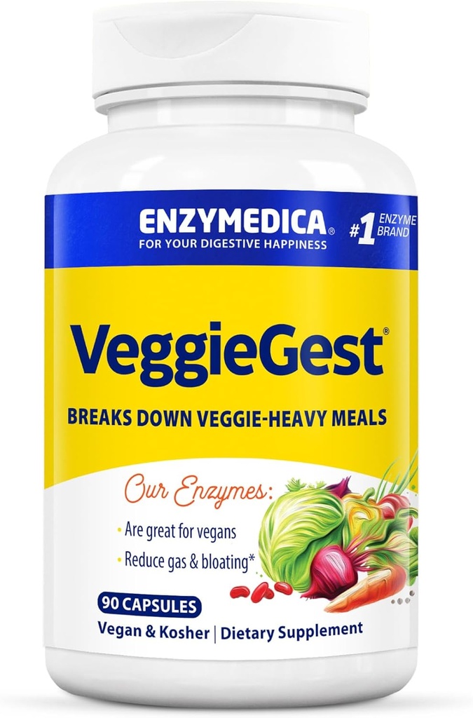 Enzymedica, VeggieGest, Digestive Enzymes, Yüksek Fiber Meals'tan Occasional Gas & Bloating Relief, Vegan & Vegetarian Diyets için Enzyme Mix for Digestive Health, 90 Count