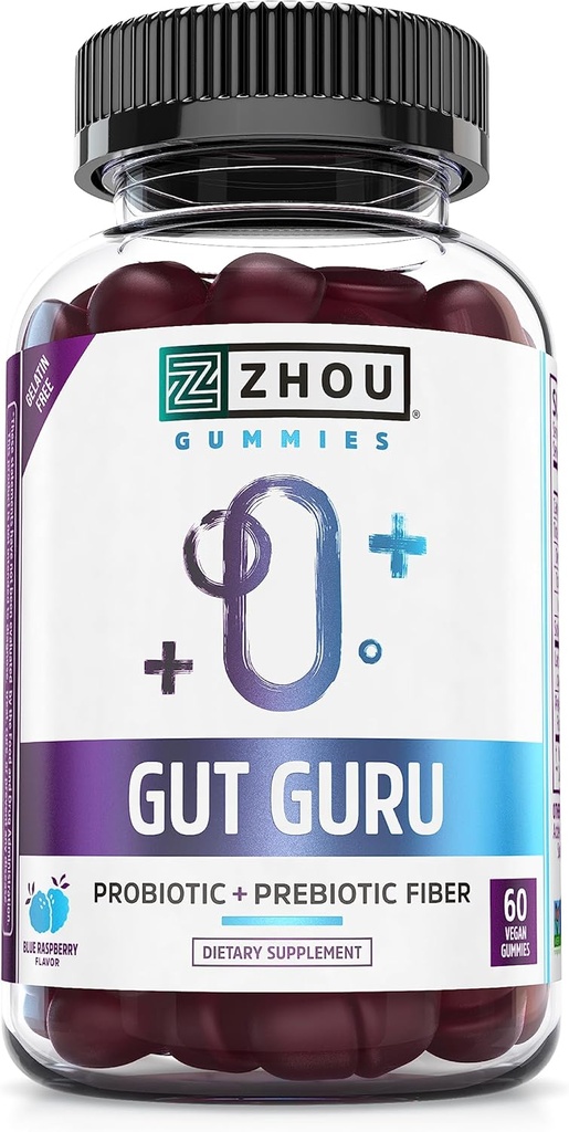 Zhou Gut Guru - Erkekler ve Kadınlar için Gut Health Gummies, Digestion ve Gut Health için Prebiyotik ve Probiyotik Fiber Supplement - 60 Vegan Gummies