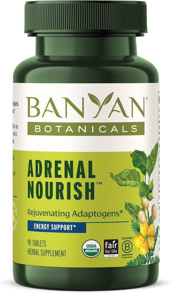 Banyan Botanikleri Adrenal Nourish – Organik Adaptogen Supplement - Organik Ashwagandha ile Doğal Enerji için Adrenal Destek, Gokshura & Guduchi* – 90 Tabletler – Non-GMO, Sustainable Sourced, Vegan