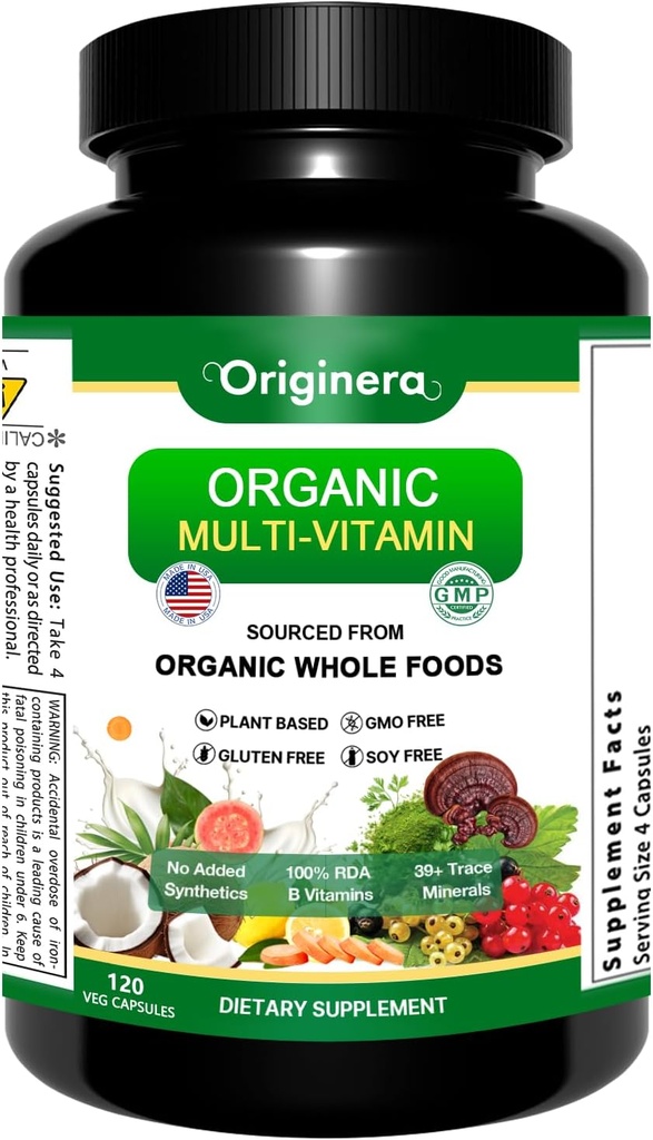 Organic Whole Foods Supplement, Multi-Vitamin: Immune, Brain & Heart Support | with Prebiotics and Postbiotics | Vegan Capsules for Men & Women. Gluten & Soy Free - 120 Plant-Sourced Capsules