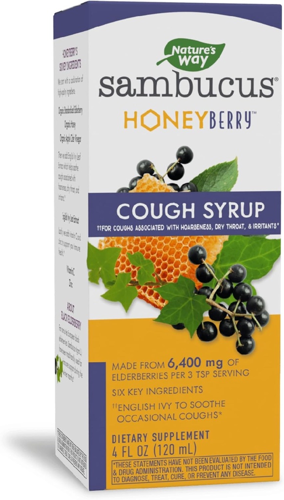 Nature's Way Sambucus HoneyBerry Cough Syrup with Black Elderberry Extract & Organic Honey, Immune Support*, 4 Fl. Oz Oz