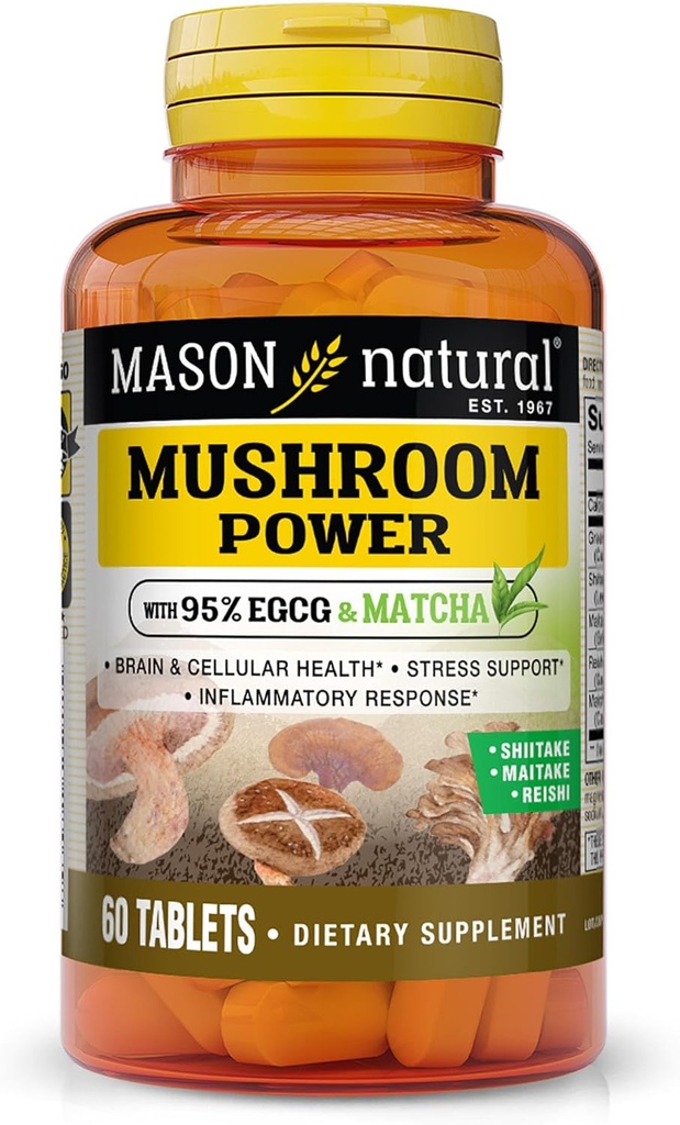 MASON NATURAL Mushroom Power with% 95 EGCG and Matcha, Plant-Based Formula with Shiitake, Maitake, Reishi, 60 Tablets