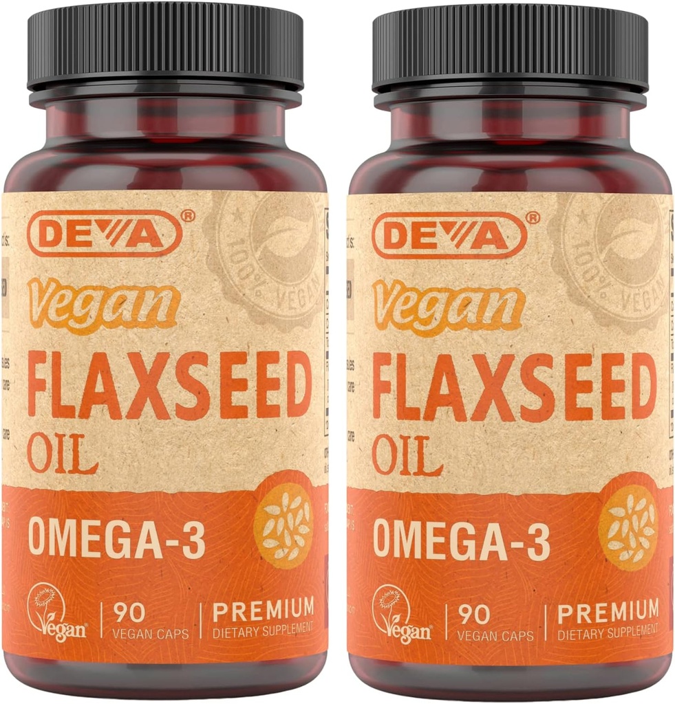 DEVA Organik Vegan Vitaminleri Flax Tohum Yağı - Omega-3, Cold-Pressed & Unrefined - 90 Capsules, 2Pack