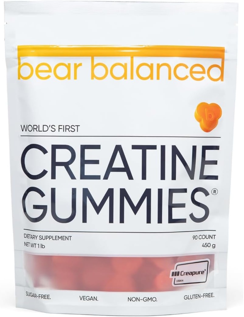 Bear Balanced Creatine Gummies for Men & Women - Creapure® Creatine Monohydrate, L-Θεανίνη, L-Τυροσίνη & B12 για την ανάπτυξη των μυών, δύναμη, εστίαση, ενέργεια & υγεία - χαμηλή θερμίδα, ζάχαρη-ελεύθερο, & Vegan