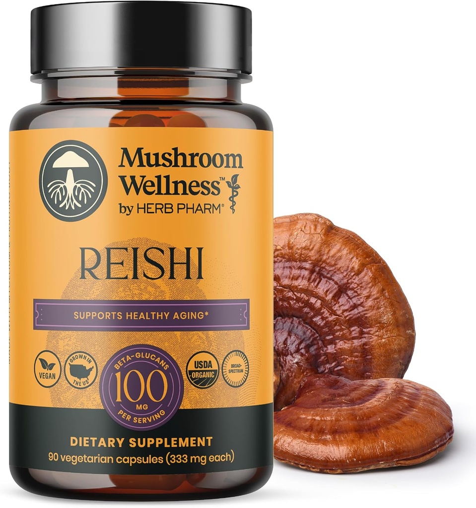 Mushroom Wellness Reishi Mushroom Κάψουλες, με Οργανικό Κόκκινο Reishi για την Ανοσολογική Υποστήριξη, Παραδοσιακό Νευρικό Σύστημα Υποστήριξη & Καρδιαγγειακή Υγεία, 90 Κάψουλες Vegan*
