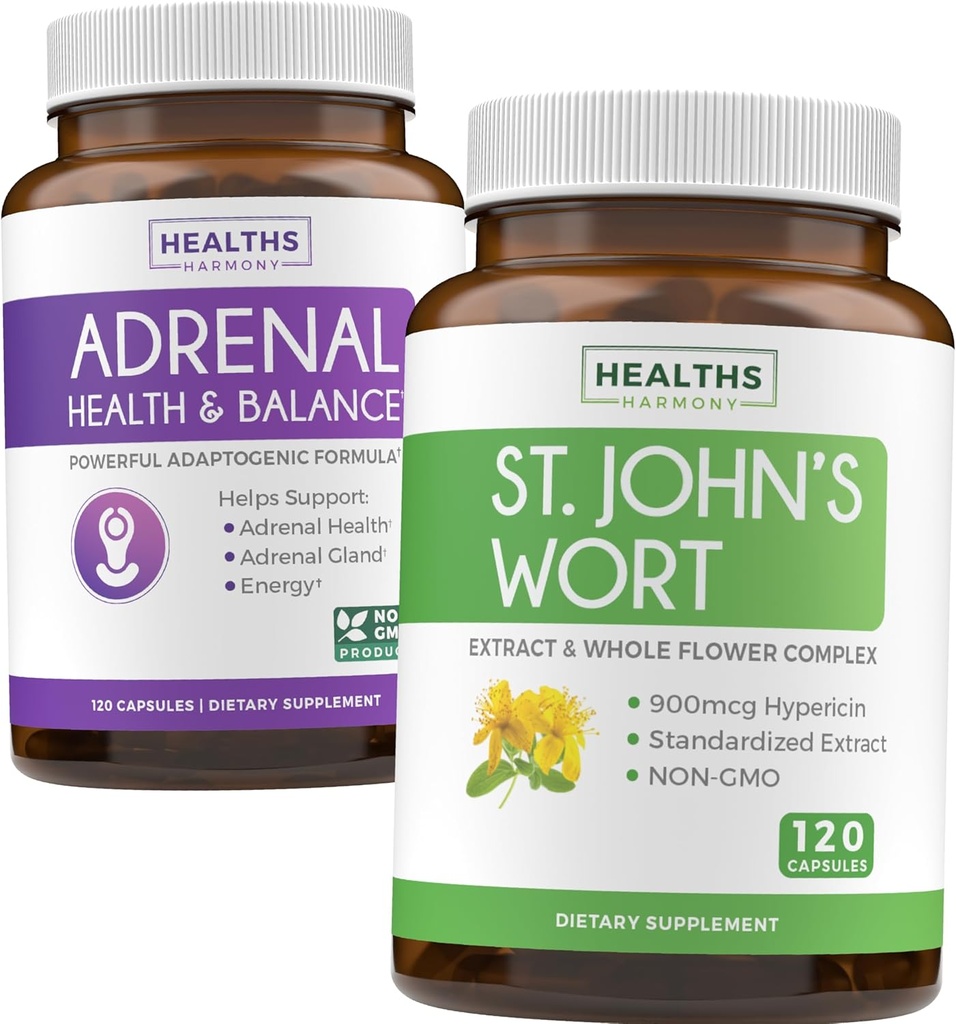 Adrenal & St. John's Wort (4-Month Supply) Mood Harmony Pack - L-Tyrosine (120 Capsules) & St. John's Wort with Power 90006
