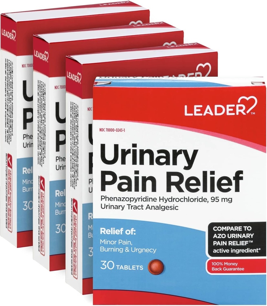 LEADER Urinary Pain Relief maximum Strength, Hızlı UTI Ağrısı, Yanan ve Urgency, Urinary Tract Enfeksiyonu Yardımı, Phenazo piridine 95 95 mg, 30 Tablet, 4-Pack
